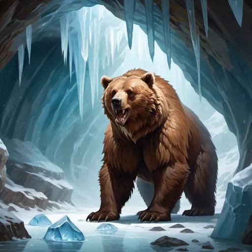 Prompt: Brown cave bear, ice cave background, D&D 5e style, oil painting, D&D, DnD, Pathfinder, fantasy, style of D&D, style of forgotten realms, anime style


