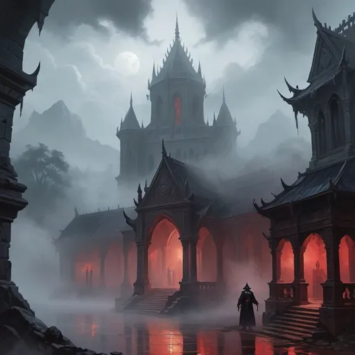 Prompt: a thick mist with vampiric images in it, temple background, D&D 5e style, oil painting, D&D, DnD, Pathfinder, fantasy, style of D&D, style of Ravenloft