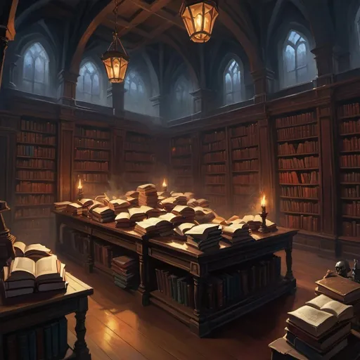 Prompt: a swarm of books, in a dimly lit library, D&D 5e style, oil painting, D&D, DnD, Pathfinder, fantasy, style of D&D, style of ravenloft