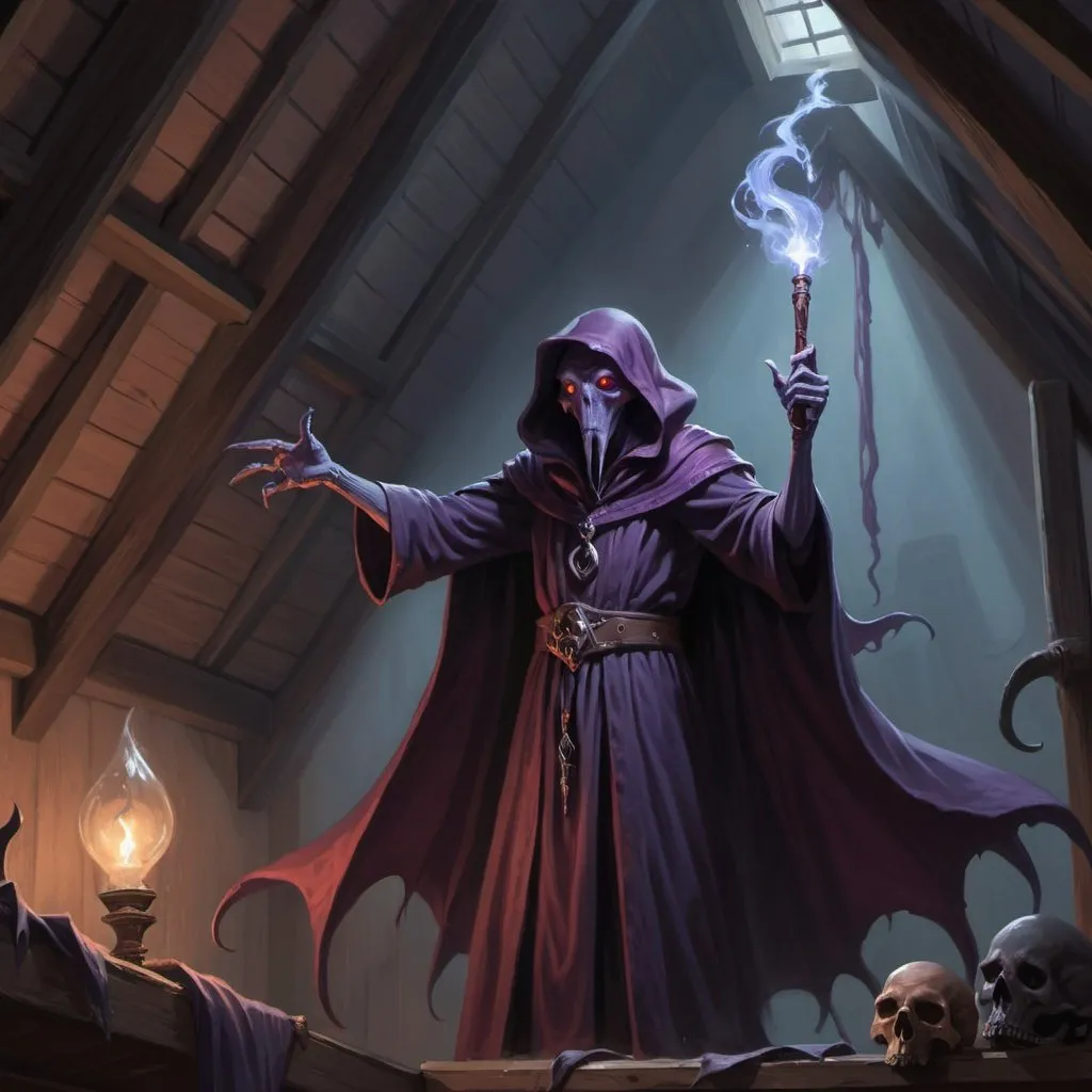 Prompt: A Mindflayer, floating amongst the rafters of an attic, very little light, looking down with malice, pointing a magic wand downwards D&D 5e style, oil painting, D&D, DnD, Pathfinder, fantasy, style of D&D, style of Ravenloft