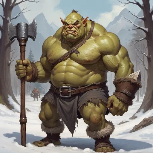 Prompt: Male ogre, winter clothing, angry, holding a club, broad shoulders, powerful legs, strong arms, D&D 5e style, oil painting, D&D, DnD, Pathfinder, fantasy, style of D&D, style of forgotten realms, anime style

