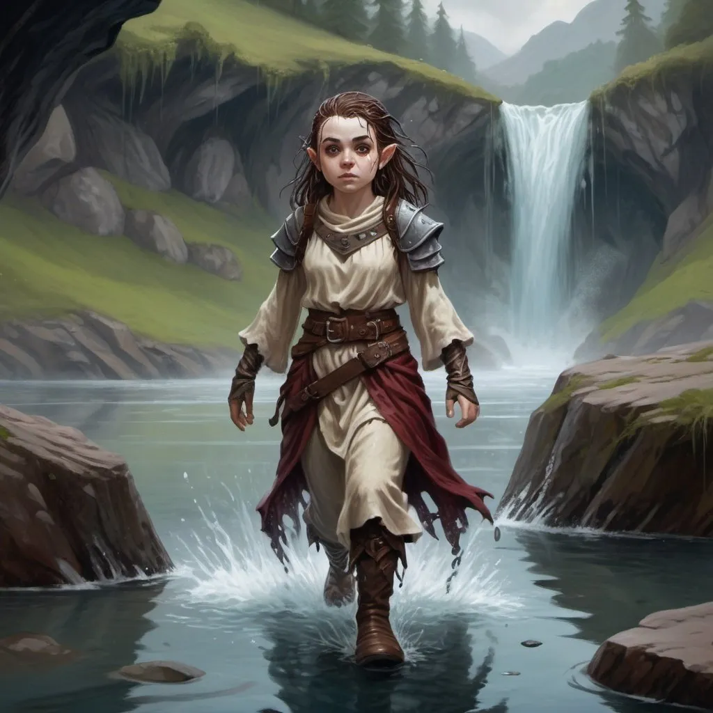 Prompt: Female halfling ghast, walking out of a lake, wet hair, wet clothing, waterfall in the background D&D 5e style, oil painting, D&D, DnD, Pathfinder, fantasy, style of D&D, style of Ravenloft