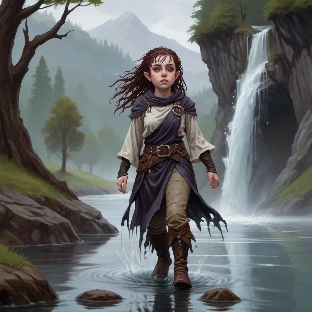 Prompt: Female halfling ghast, walking out of a lake, wet hair, wet clothing, waterfall in the background D&D 5e style, oil painting, D&D, DnD, Pathfinder, fantasy, style of D&D, style of Ravenloft