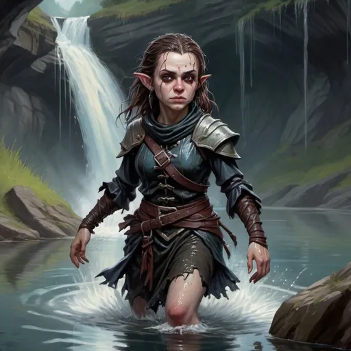 Prompt: Female halfling, undead, emerging from a lake, wet hair, wet clothing, waterfall in the background D&D 5e style, oil painting, D&D, DnD, Pathfinder, fantasy, style of D&D, style of Ravenloft