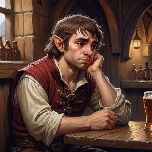 Prompt: Male halfling peasant, commoner, Sitting at a pub, depressed look on his face, D&D 5e style, oil painting, D&D, DnD, Pathfinder, fantasy, style of D&D, style of Ravenloft