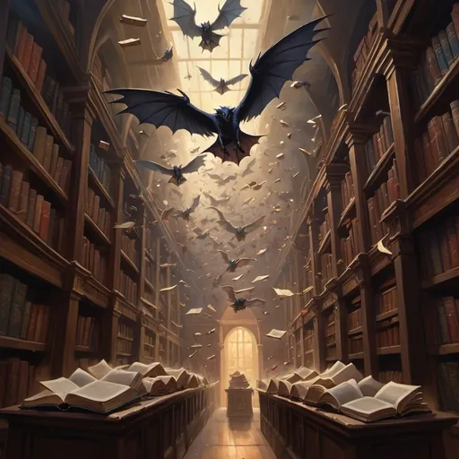 Prompt: a swarm of books angrily flying through the air, in a dimly lit empty bookstore, D&D 5e style, oil painting, D&D, DnD, Pathfinder, fantasy, style of D&D, style of ravenloft