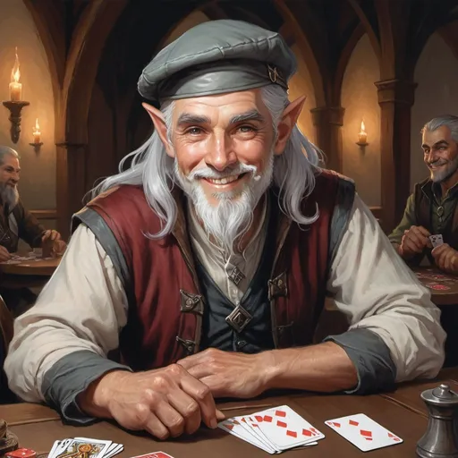 Prompt: A half elf man, old with a gray beard, flat cap, Victorian clothing, shoulder length silver hair, friendly smile, holding a deck of cards, sitting at a table, D&D 5e style character portrait, oil painting, D&D, DnD, Pathfinder, fantasy, style of D&D, style of Ravenloft, by Clyde Caldwell,Standing
