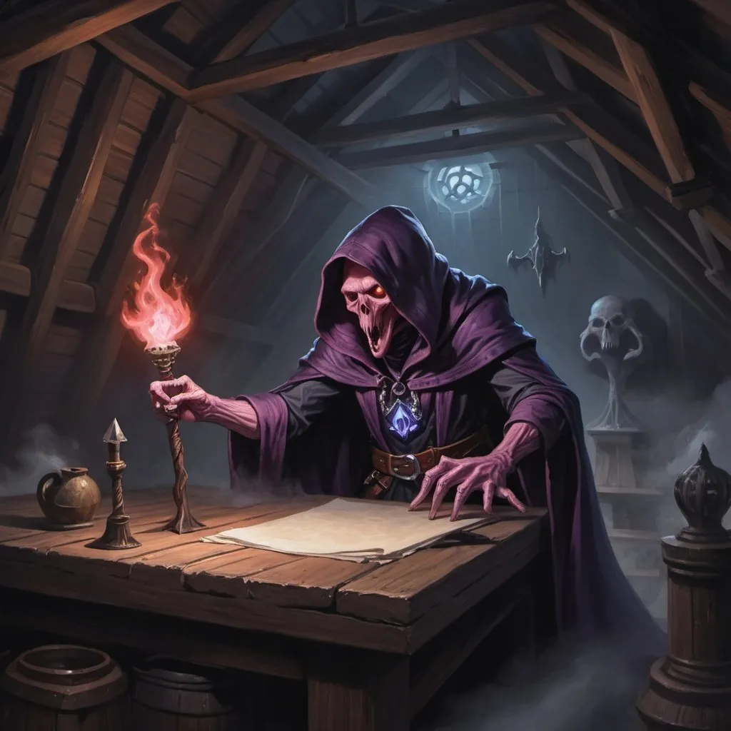 Prompt: A Mindflayer, floating amongst the rafters of an attic, no lights, looking down with malice, pointing a wand downwards D&D 5e style, oil painting, D&D, DnD, Pathfinder, fantasy, style of D&D, style of Ravenloft