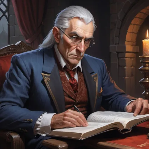 Prompt: elderly Male businessman, commoner, Sitting and reading a book, concerned look on his face, D&D 5e style, oil painting, D&D, DnD, Pathfinder, fantasy, style of D&D, style of Ravenloft