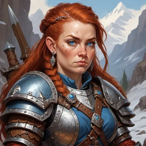 Prompt: Female mountain dwarf, higwayman, stoic, holding a warhammer, broad shoulders, powerful legs, tan skin, crows feet around her blue eyes, braided red hair with silver rings, scar on her left cheek, leather armor. D&D 5e style, oil painting, D&D, DnD, Pathfinder, fantasy, style of D&D, style of forgotten realms
