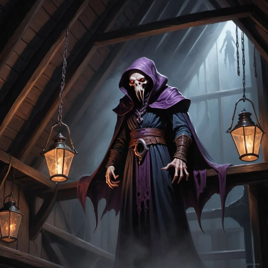 Prompt: A Mindflayer, floating amongst the dark rafters of an attic, looking down with malice, D&D 5e style, oil painting, D&D, DnD, Pathfinder, fantasy, style of D&D, style of Ravenloft