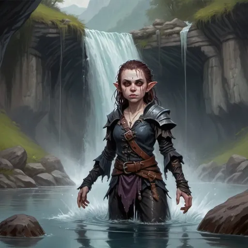 Prompt: Female halfling, undead, emerging from a lake, wet hair, wet clothing, waterfall in the background D&D 5e style, oil painting, D&D, DnD, Pathfinder, fantasy, style of D&D, style of Ravenloft