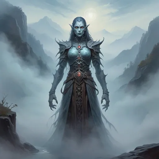 Prompt: beautiful humanoid made out of mist, misty background D&D 5e style, oil painting, D&D, DnD, Pathfinder, fantasy, style of D&D, style of Ravenloft