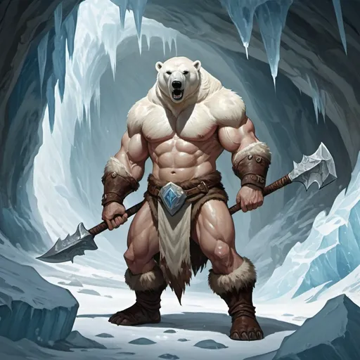 Prompt: Male Verbeeg Marauder, wearing polar bear skin, angry, holding a war club, broad shoulders, powerful legs, strong arms, ice cave background, D&D 5e style, oil painting, D&D, DnD, Pathfinder, fantasy, style of D&D, style of forgotten realms, anime style

