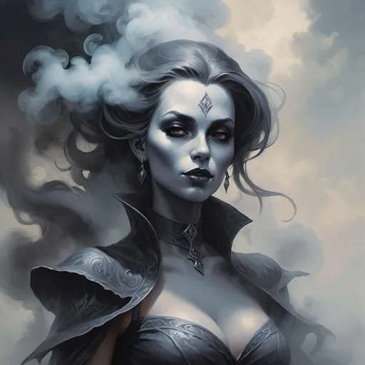 Prompt: smoke creature in the shape of a beautiful woman,  misty background D&D 5e style, oil painting, D&D, DnD, Pathfinder, fantasy, style of D&D, style of Ravenloft