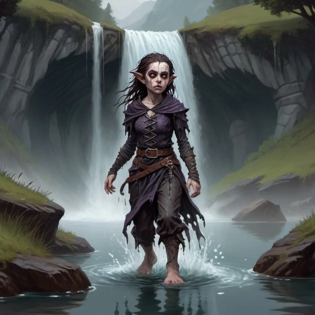 Prompt: Female halfling ghast, undead, walking out of a lake, wet hair, wet clothing, waterfall in the background D&D 5e style, oil painting, D&D, DnD, Pathfinder, fantasy, style of D&D, style of Ravenloft