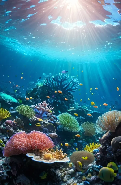 Prompt: a large group of corals under water in a coral reef area with sunlight shining on the water surface, Carl Critchlow, holography, underwater, a jigsaw puzzle