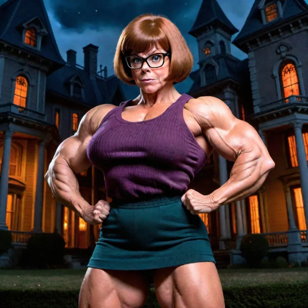 Prompt: velma dinkley is a large female bodybuilder. she is big and muscular and she is wearing a sweater and skirt. she is flexing her muscles in front of a haunted mansion. female bodybuilder. velma. beautiful. big muscles. mansion. night.