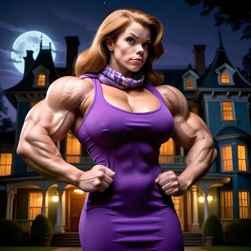 Prompt: real life daphne blake is a large female bodybuilder. she is big and muscular and wearing a dress and a scarf. she is flexing her biceps in front of a haunted mansion. female bodybuilder. daphne. beautiful. big muscles. mansion. night. teenaged. real life