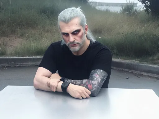 Prompt: Please draw this man from picture as a witcher in cyberpunk game