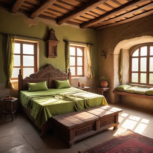 Prompt: an old building with stone lime finish walls half broken with rustic olive colour with wooden roof and windows having a wooden coaster bed with intricate carvings and a massive soft mattress drapped with a silk bedsheet and cushions layers