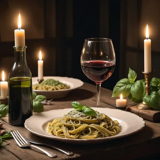 Prompt: a nice dark aesthetic candle light dinner scene and a closeup of the pasta 
Of pesto pasta and a glass of wine.
With some antique showpieces on the table and a rustic table 