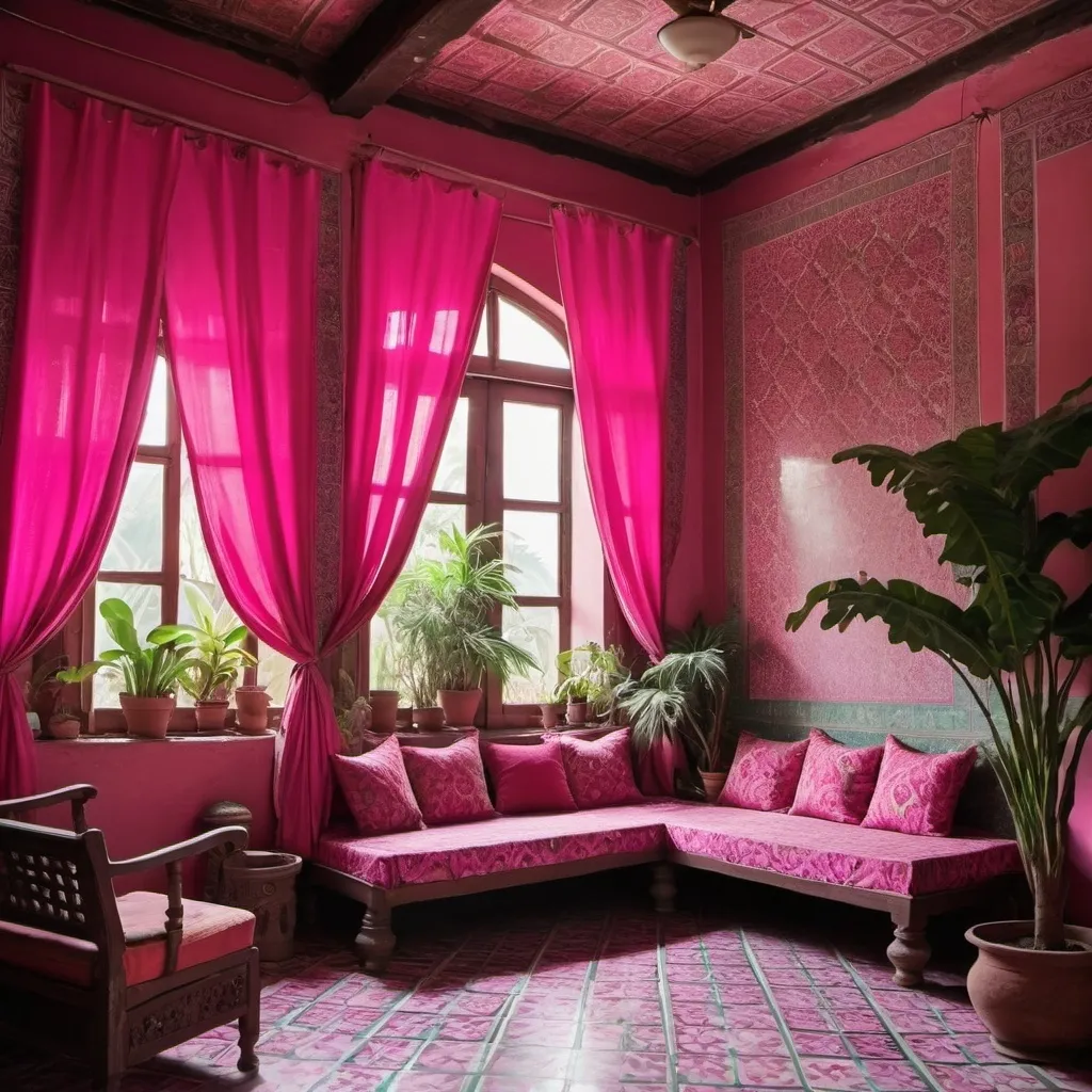 Prompt: an old indian fort room with dreamy bright pink full hight curtains flowing in the air and colour full patterned tiles and large plants in the room 