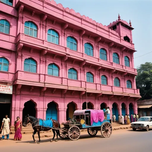 Prompt: A indian building facade of the early 1990s era with disco mirrors on the bulding a horse cart and people riding it from the 1900 century.
The building to have a massive pink and blue silk saree fall of from the roof till the road