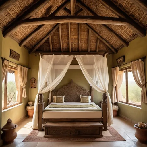 Prompt: a rustic olive room with wooden roof and windows having a wooden coaster bed with intricate carvings and a massive soft mattress drapped with a silk bedsheet and cushions layers