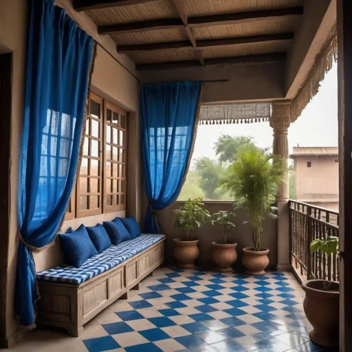 Prompt: A view from inside a rustic indian household of a balcony with a large open soace with three of its wall coloured in persian blue colour and having black and white checkered flooring . Skirting of persian blue vetrified tiles.and having a royal blue silk curtain flying of the wind into the room. 
Wooden coloums above covered with jute and hay roofing. 
Large set of copper planters having large leaf plants and small copper planters having small leaf plants. 