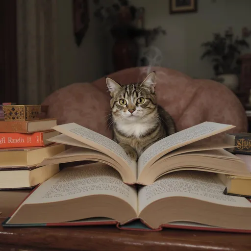 Prompt: Ak cat table pa bathi ha hand ma Kuch books ha or pichy be books pari