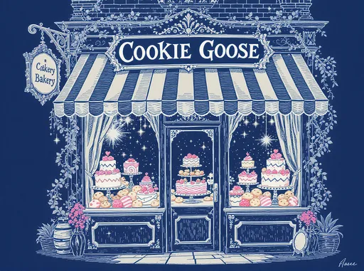 Prompt: Imagine a whimsical hand-drawn scene in navy blue and white, where a charming bakery storefront comes to life. The bakery, named “COOKIE GOOSE,” is adorned with a quaint awning.. Above the awning, a detailed sign swings gently in the breeze, embellished with intricate designs that hint at the delightful treats within. Two large windows frame the display of pink and beige cookies and exquisitely decorated cakes, each confection meticulously sketched with swirling icing and playful toppings.  delicate vines snake around the edges of the storefront, enhancing the enchanting atmosphere. This scene is infused with a nostalgic, storybook quality, capturing the essence of a magical bakery experience.