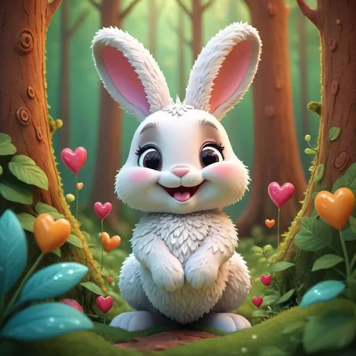 Prompt: Happy forest cartoon illustration of a bunny, heart-shaped drops, vibrant and warm color palette, 3D rendering, joyful expression, lush foliage, cute and whimsical, high quality, heartwarming, detailed fur, cartoon style, vibrant colors, whimsical lighting, pompon tail, white fur cotton like