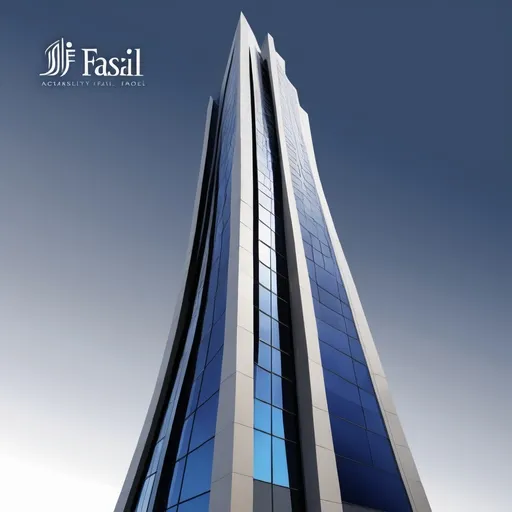 Prompt: (logo design), sleek and modern, featuring the text "(accurately spelled text 'Al Faisal')", an abstract building or tower intertwined with the lettering, sophisticated color palette with deep blues and metallic grays, emphasizing stability and innovation, clean lines, professional and memorable design, suitable for a construction industry, high quality, corporate branding appeal.