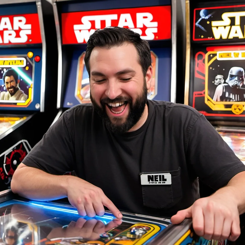 Prompt: Big name tag that says Neil on a man with short black hair cut and a short black beard. Laughing at his phone. While playing Star Wars pinball
