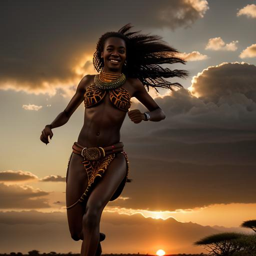 Prompt: long shot super detailed lifelike illustration, intricately detailed, dramatic weather, gorgeous detailed african safari, silhouette, sunset, masai girl, running down,  beautiful hair, beautiful face, smile, Kilimanjaro{background} Adansonia grandidieri, masai mara, sunset 

masterpiece photoghrafic real digatal ultra realistic hyperdetailed 

 cinematic light, movie, contrast 


volumetric lighting maximalist photo illustration 4k, resolution high res intricately detailed complex,

soft focus, realistic, heroic fantasy art, clean art, professional, colorful, rich deep color, concept art, CGI winning award, UHD, HDR, 8K, RPG, UHD render, HDR render, 3D render cinema 4D