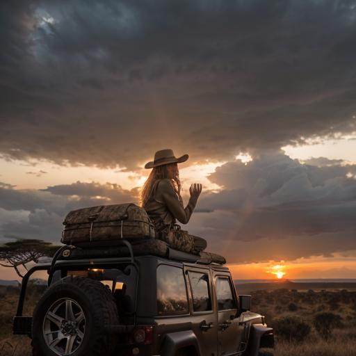 Prompt: long shot super detailed lifelike illustration, intricately detailed, dramatic weather, gorgeous, african safari, silhouette, sunset, a tourist, blondin girl, sitting on top of safari jeep, smiling, perfect nose, face in beautiful details, Kilimanjaro{background} Adansonia grandidieri, masai mara, sunset 

masterpiece photoghrafic real digatal ultra realistic hyperdetailed 

 cinematic light, movie, contrast 


volumetric lighting maximalist photo illustration 4k, resolution high res intricately detailed complex,

soft focus, realistic, heroic fantasy art, clean art, professional, colorful, rich deep color, concept art, CGI winning award, UHD, HDR, 8K, RPG, UHD render, HDR render, 3D render cinema 4D