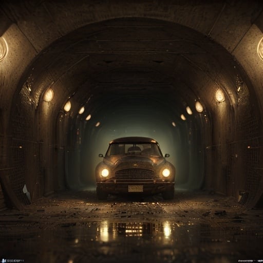 Prompt: long shot super detailed lifelike illustration, intricately detailed old car, dramatic lighting, perfect dEtailed tunnel, war, warehouse, leftovers, focus, 

masterpiece photoghrafic real digital ultra realistic hyperdetailed , 

Serious environment, scary environment, vintage environment, fantastical nostalgic mood, cinematic light,

volumetric lighting maximalist photo illustration 4k, resolution high res intricately detailed complex,

soft focus, digital painting, oil painting, heroic fantasy art, clean art, professional, colorful, rich deep color, concept art, CGI winning award, UHD, HDR, 8K, RPG, UHD render, HDR render, 3D render cinema 4D, Makoto Shinkai,