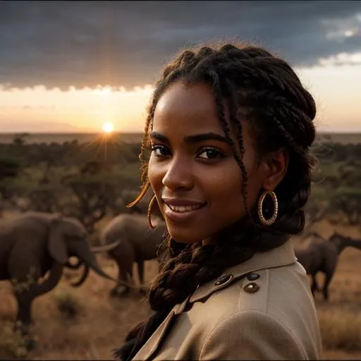 Prompt: long shot super detailed lifelike illustration, intricately detailed, dramatic weather, gorgeous detailed african safari, silhouette, sunset, a tourist, arab girl,  beautiful hair, beautiful face, smile, Kilimanjaro{background} Adansonia grandidieri, masai mara, sunset 

masterpiece photoghrafic real digatal ultra realistic hyperdetailed 

 cinematic light, movie, contrast 


volumetric lighting maximalist photo illustration 4k, resolution high res intricately detailed complex,

soft focus, realistic, heroic fantasy art, clean art, professional, colorful, rich deep color, concept art, CGI winning award, UHD, HDR, 8K, RPG, UHD render, HDR render, 3D render cinema 4D