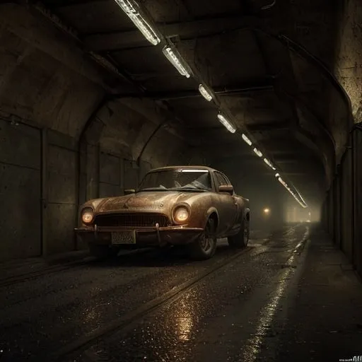 Prompt: long shot super detailed lifelike illustration, intricately detailed old car, dramatic lighting, perfect dEtailed tunnel, war, warehouse, leftovers, focus, 

masterpiece photoghrafic real digital ultra realistic hyperdetailed , 

Serious environment, scary environment, vintage environment, fantastical nostalgic mood, cinematic light,

volumetric lighting maximalist photo illustration 4k, resolution high res intricately detailed complex,

soft focus, digital painting, oil painting, heroic fantasy art, clean art, professional, colorful, rich deep color, concept art, CGI winning award, UHD, HDR, 8K, RPG, UHD render, HDR render, 3D render cinema 4D, Makoto Shinkai,
