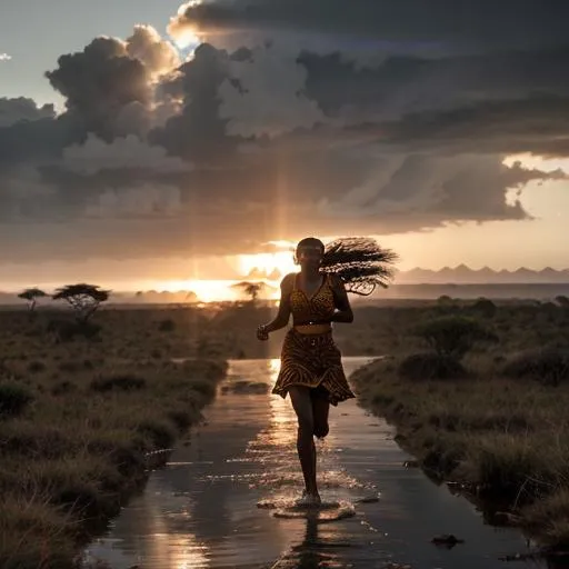 Prompt: long shot super detailed lifelike illustration, intricately detailed, dramatic weather, gorgeous detailed african safari, silhouette, sunset, masai girl, running throw water,  beautiful hair, beautiful face, smile, Kilimanjaro{background} Adansonia grandidieri, masai mara, sunset 

masterpiece photoghrafic real digatal ultra realistic hyperdetailed 

 cinematic light, movie, contrast 


volumetric lighting maximalist photo illustration 4k, resolution high res intricately detailed complex,

soft focus, realistic, heroic fantasy art, clean art, professional, colorful, rich deep color, concept art, CGI winning award, UHD, HDR, 8K, RPG, UHD render, HDR render, 3D render cinema 4D