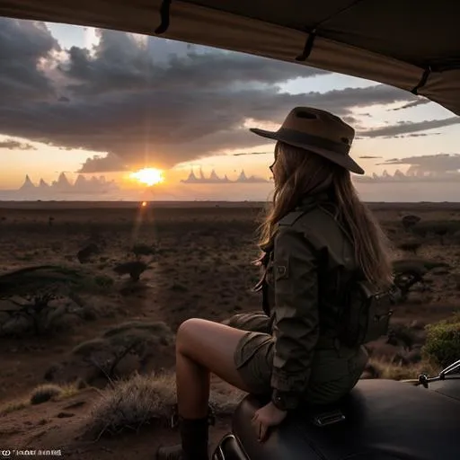 Prompt: long shot super detailed lifelike illustration, intricately detailed, dramatic weather, gorgeous, african safari, silhouette, sunset, a tourist, blondin girl, sitting on top of safari jeep, Kilimanjaro{background} Adansonia grandidieri, masai mara, sunset 

masterpiece photoghrafic real digatal ultra realistic hyperdetailed 

 cinematic light, movie, contrast 


volumetric lighting maximalist photo illustration 4k, resolution high res intricately detailed complex,

soft focus, realistic, heroic fantasy art, clean art, professional, colorful, rich deep color, concept art, CGI winning award, UHD, HDR, 8K, RPG, UHD render, HDR render, 3D render cinema 4D