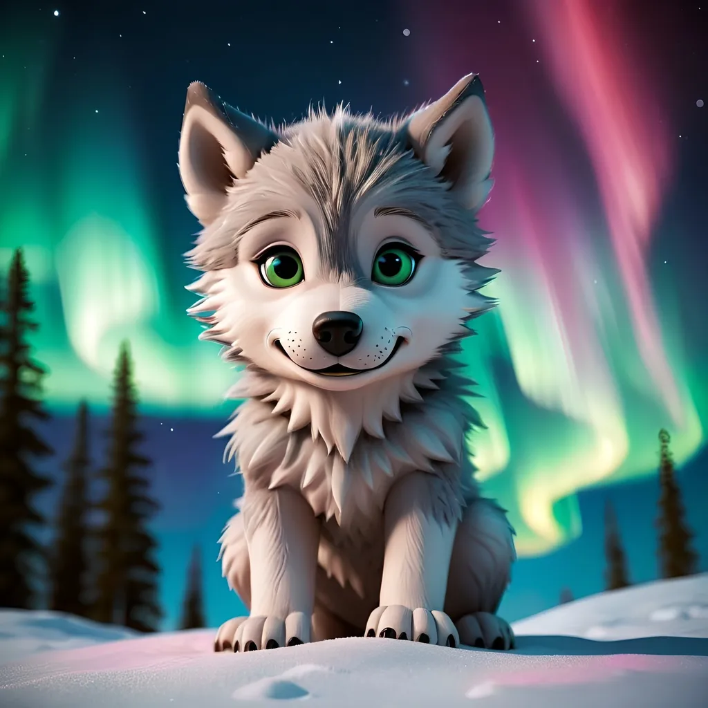 Prompt: Baby wolf with northern lights and the words ymca
