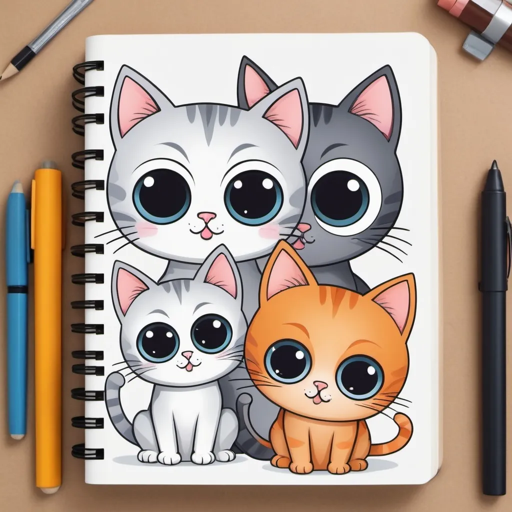 Prompt: A Clipart style journal, with adordable cartoon cats with huge eyes and happy
