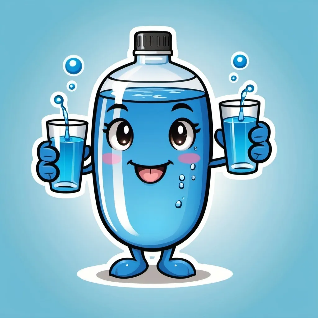 Prompt: A clipart style water mascot, 5 fingers on each hand, drinking water, cute, happy
