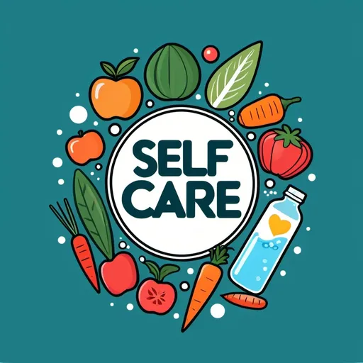 Prompt: A clipart style logo with the words "Self Care", with cartoon fruit and vegetables, water, cartoon pills