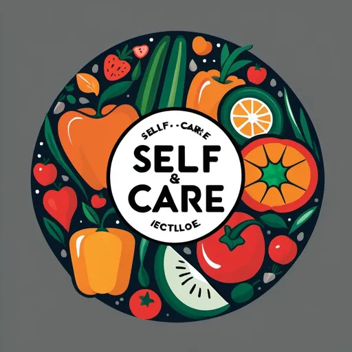 Prompt: A clipart style logo with the words "Self Care", with cartoon fruit and vegetables
