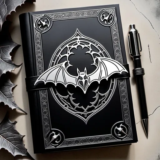 Prompt: A Journal, featuring gothic art, in black and silver color scheme, with a bat on the cover, with the word "Journal" embossed on the cover
