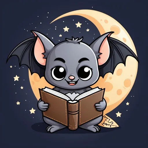 Prompt: clipart style bat mascot, sleepy face, cute, holding a journal with a moon on the cover
