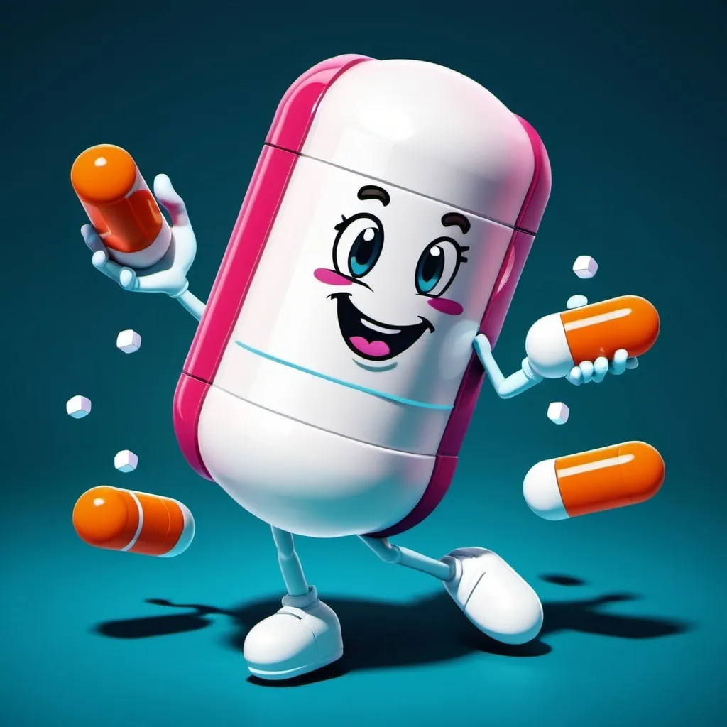 Prompt: A cartoonish pill Mascot, medication, pills dancing around it, 5 fingers on each hand